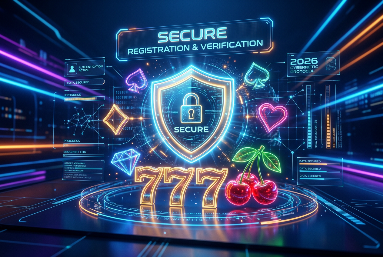 A digital security shield icon glowing among slot machine symbols.