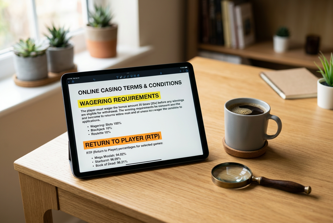 A professional desk with a tablet displaying casino terms and conditions analysis.
