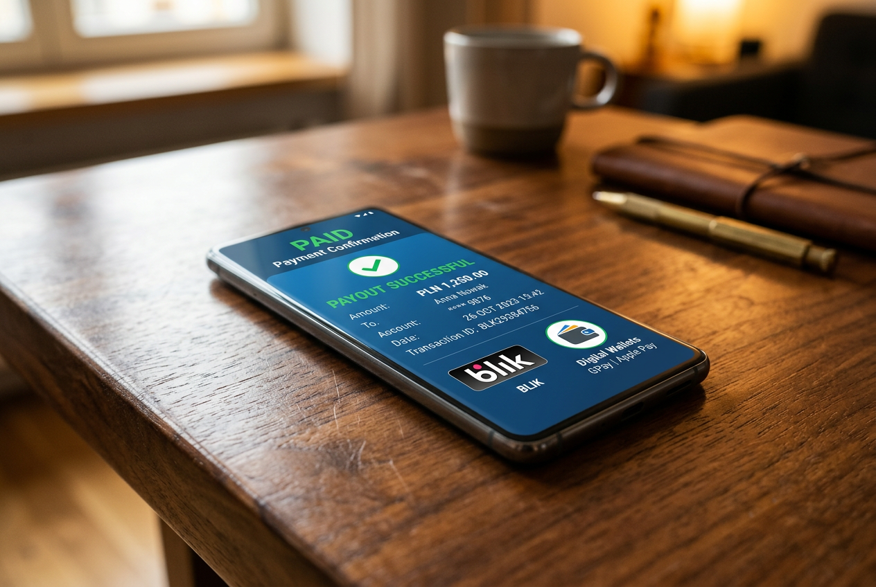 Smartfon wyświetlający pomyślną wypłatę środków z kasyna